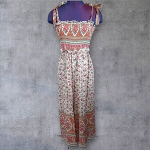 Lulu's Perfect Moments Cream Print Smocked Tie-Strap Culotte Jumpsuit Size Small